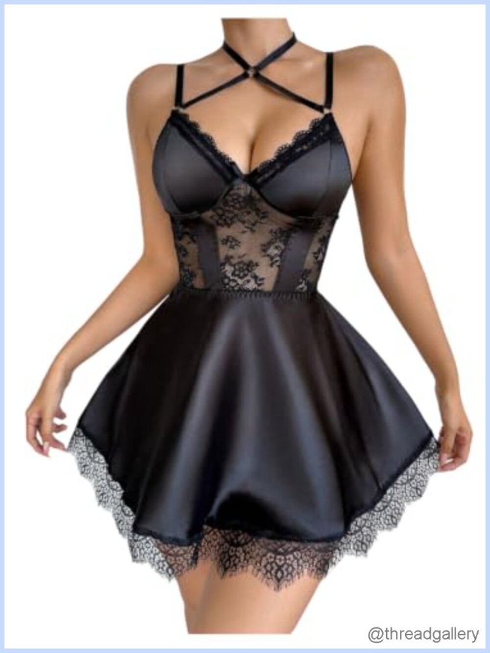 Lace Satin Nightgown Mini Slip Dress Criss Cross Back Chemise